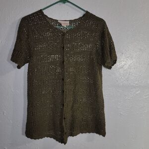 Tanjay Olive Green Crochet Knit Button-Down Top - Size M